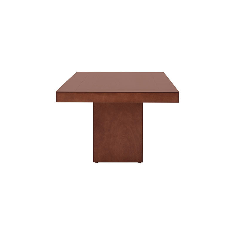 Juego de comedor Quetzal de 9 piezas en madera de nogal, encino y okumé, con mesa de 210 cm de largo y acabado en tonos café y nogal.