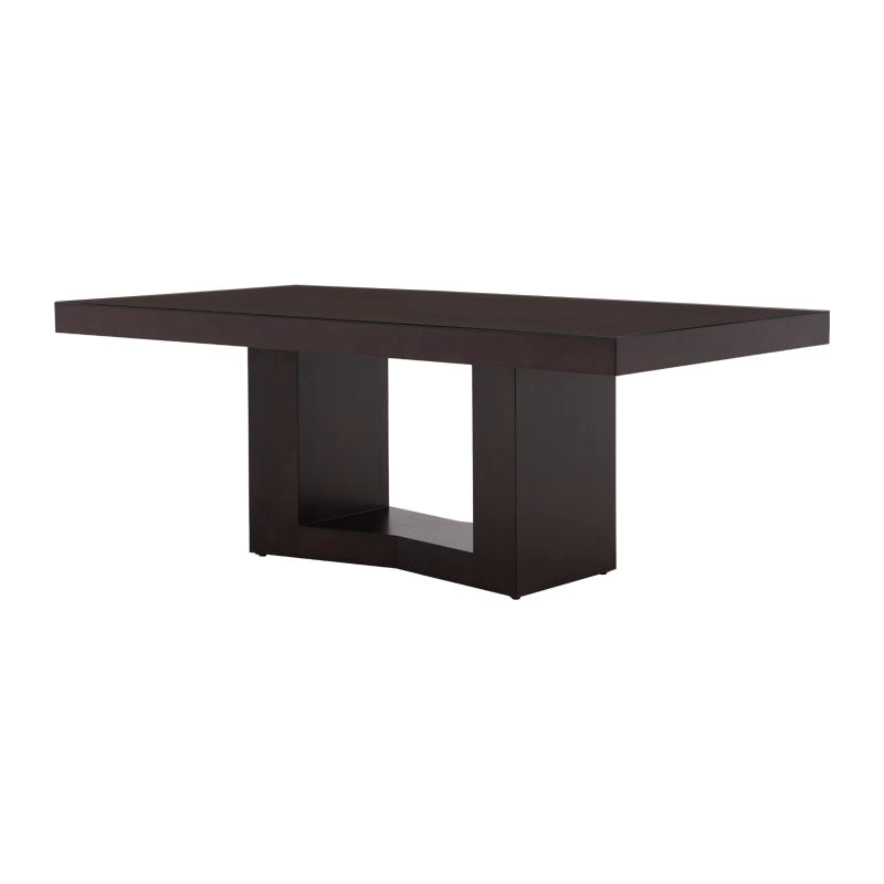 Juego de comedor Quetzal de 9 piezas en madera de nogal, encino y okume, con mesa de 210 cm, en color café oscuro.