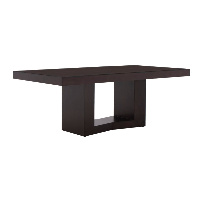 Juego de comedor Quetzal de 9 piezas con mesa de madera de nogal, encino y okume en acabado café y nogal.