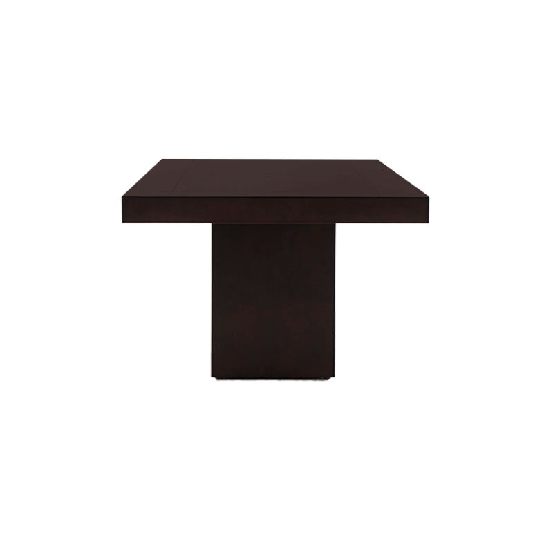 Juego de comedor Quetzal de 9 piezas con mesa de madera de nogal y encino, estilo contemporáneo en acabado café oscuro.