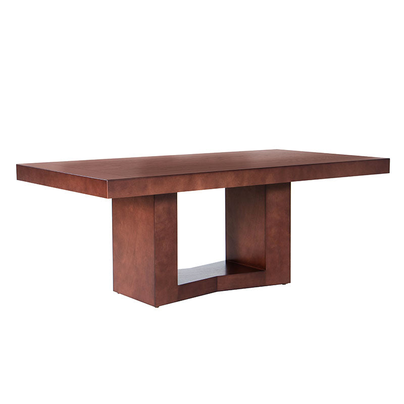 Juego de comedor Quetzal de 9 piezas en madera de nogal, encino y okume, con mesa de 210 cm, frente, alto y fondo.