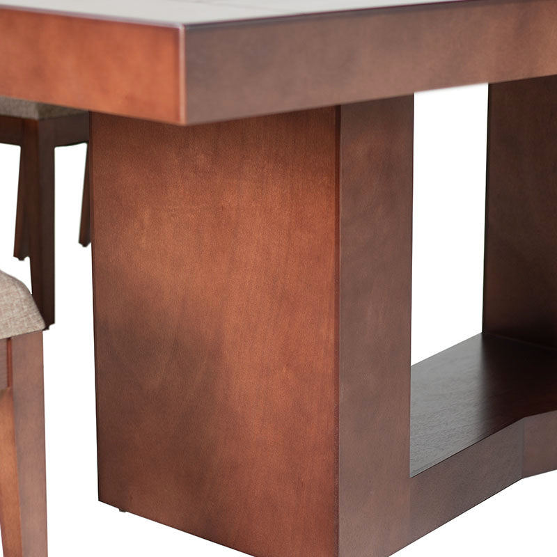Juego de comedor de 9 piezas en madera de nogal y encino, con mesa de 210 cm de largo, en tono café oscuro.