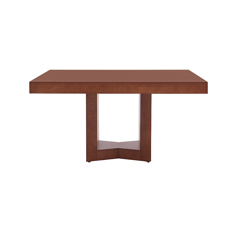 Juego de comedor Quetzal de 9 piezas en madera de nogal, encino y okumé, con mesa de 210 cm de frente y 78 cm de alto.