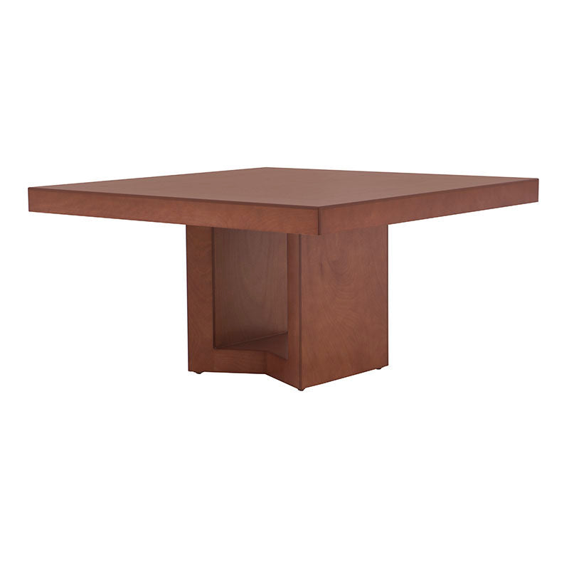 Juego de comedor Quetzal de 9 piezas en madera nogal y encino, con mesa de 210 cm y sillas a juego, en tono café oscuro.