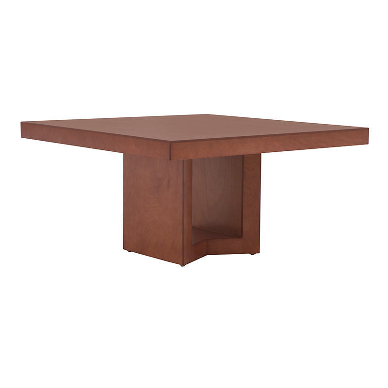 Juego de comedor Quetzal de 9 piezas con mesa de madera de nogal, encino y okumé, en acabado en tonos café y madera natural.