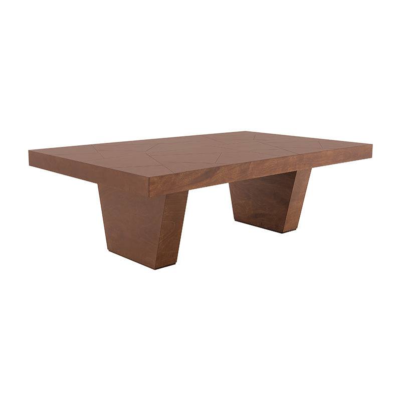 Juego de comedor Quetzal de madera industrializada en tonos café y tabaco, con mesa de 220 cm de largo y 78 cm de alto.