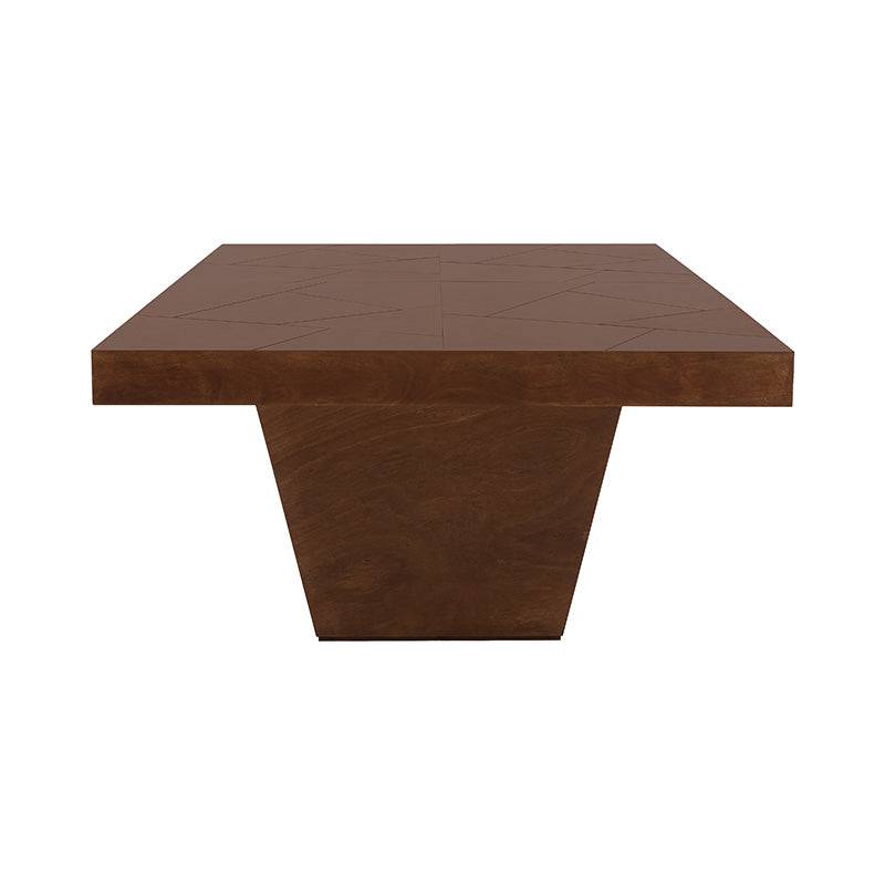 Juego de comedor Quetzal de 13 piezas en madera industrializada y chapa de okume, incluye mesa y sillas en tonos café y tabaco.