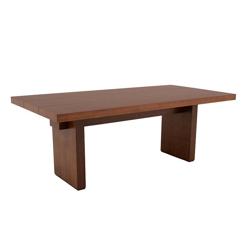 Mesa de comedor Atenea de deurope.com.mx, vista de la superficie de madera y estructura moderna para comedor elegante.