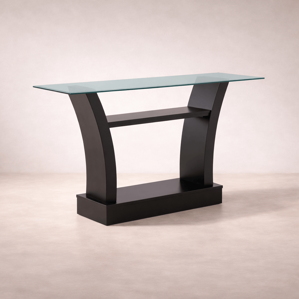 Juego de comedor Tulip de 6 piezas con mesa de madera y cubierta de cristal en acabado nogal, estilo moderno y elegante.