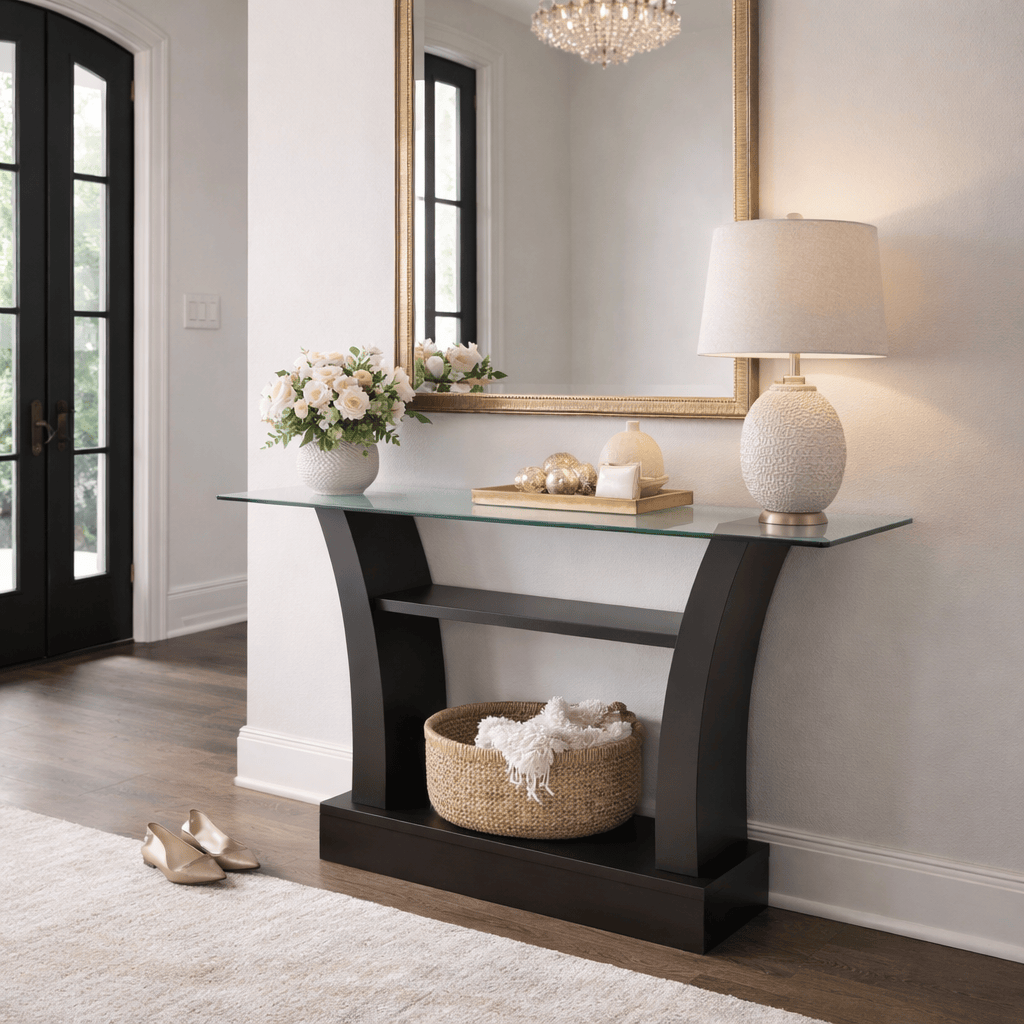 Juego de comedor Tulip de madera nogal con cubierta de cristal, incluye 6 piezas, deurope.com.mx, vista del conjunto completo.