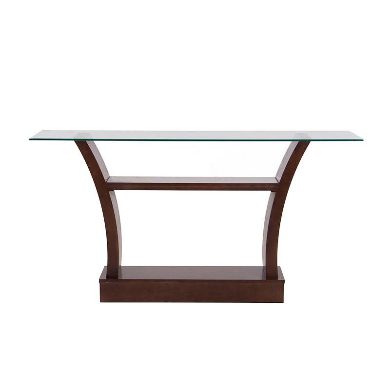 Juego de comedor Tulip de madera nogal con cubierta de cristal, incluye seis piezas y consola, en un diseño moderno y elegante.