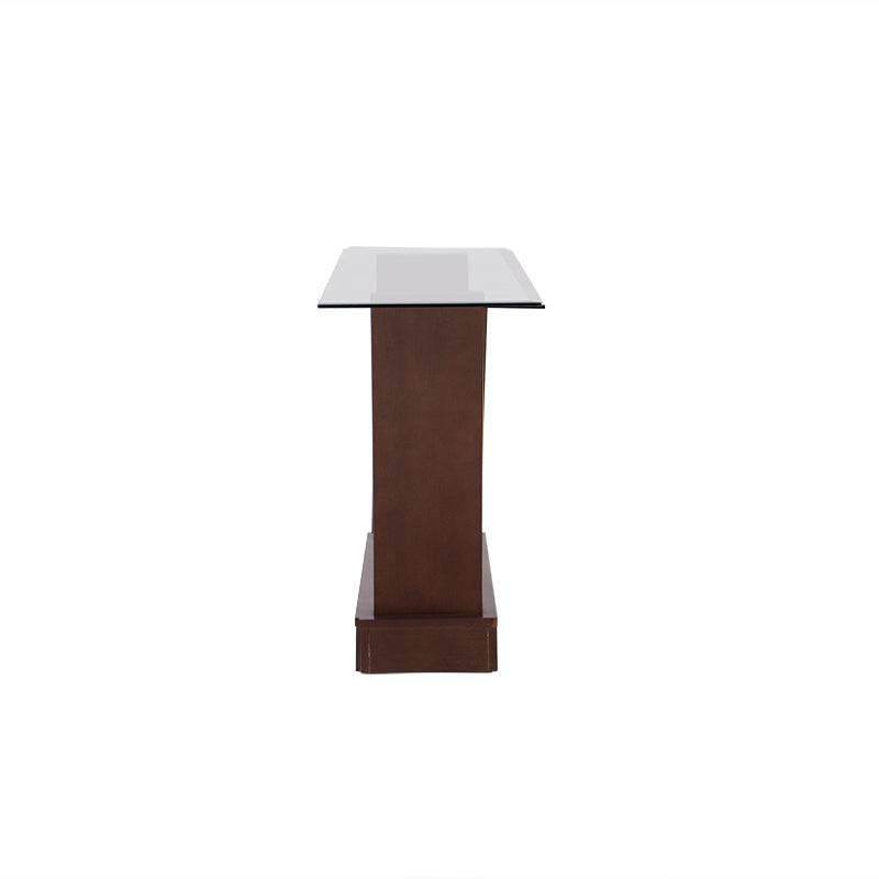 Juego de comedor Tulip de madera nogal y cristal, con mesa de 160 cm, 6 sillas y consola en estilo moderno.