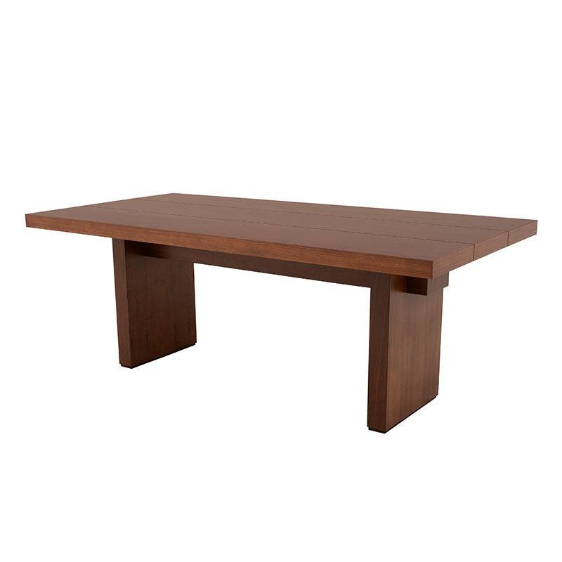 Mesa de comedor Atenea de madera industrializada en nogal, con superficie de chapa de nogal, frente de 200 cm y altura de 76 cm.