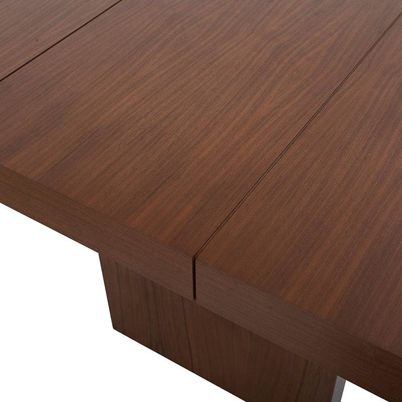 Juego de comedor Quetzal de 7 piezas en madera de nogal y chapa, con mesa de 200 cm de ancho y sillas a juego.