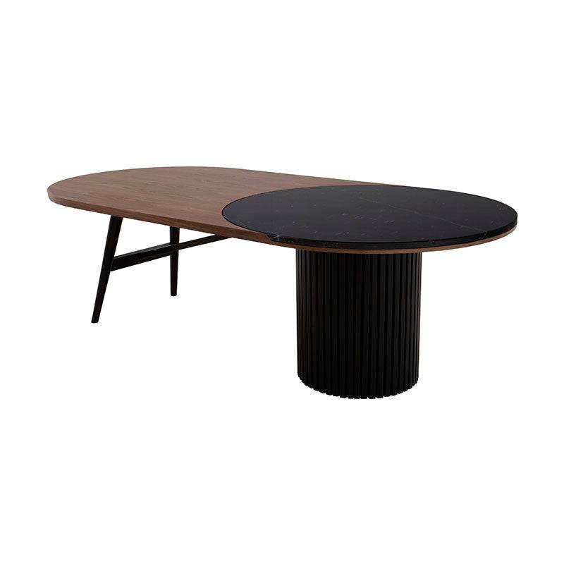Juego de comedor Quetzal de 7 piezas con mesa de madera de nogal y pino en acabado negro, moderna y resistente.