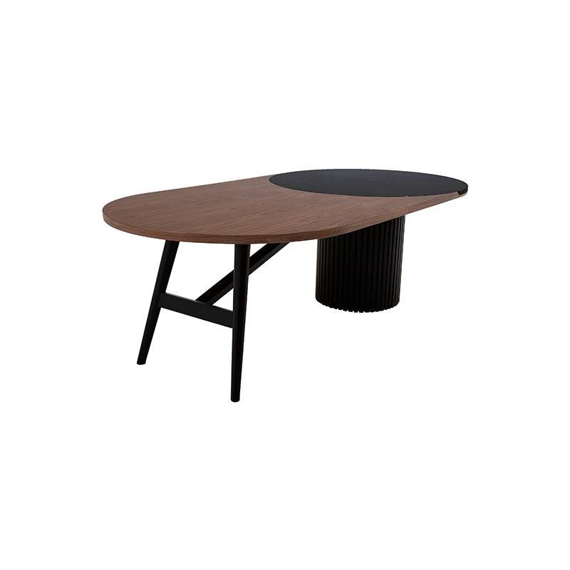 Juego de comedor Quetzal de 7 piezas con mesa de nogal y madera de pino en acabado industrial, frente de 180 cm y altura de 76 cm.