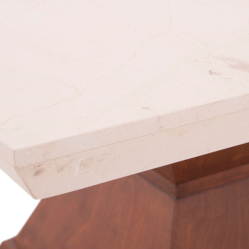 Mesa de comedor Quetzal de 9 piezas de madera con chapa de caoba y cubierta de mármol en color tabaco, estilo elegante y moderno.