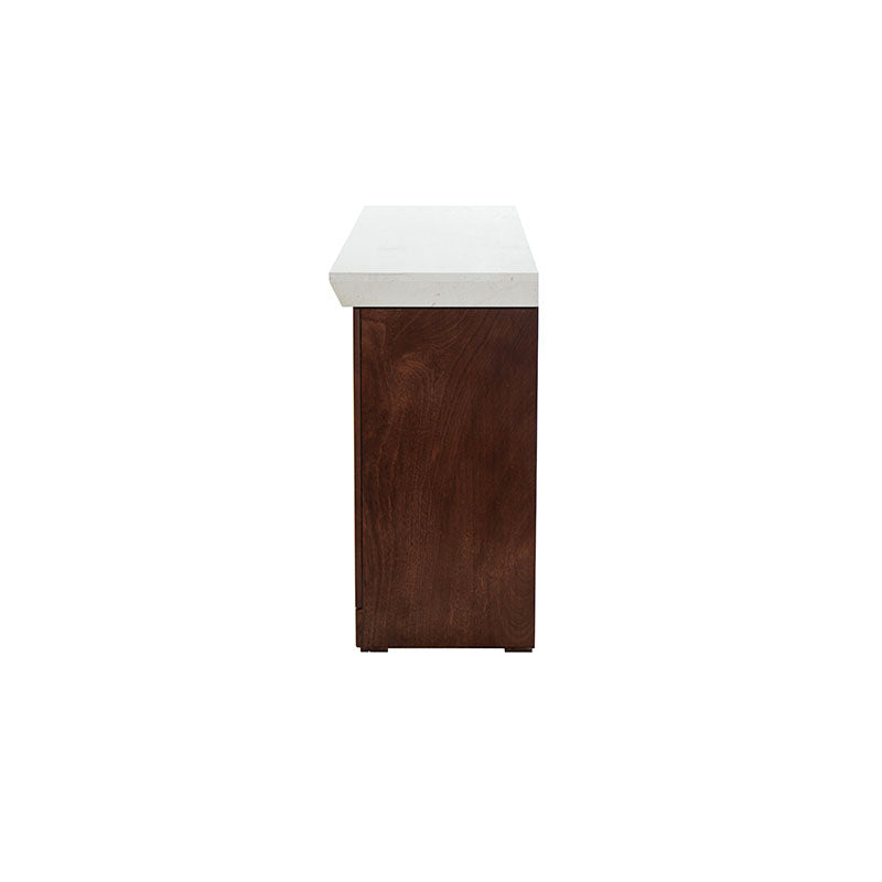 Juego de comedor con buffet Quetzal deoupe.com.mx, en madera de caoba y mármol, con mesa de 160 cm y buffet de 85 cm de altura.