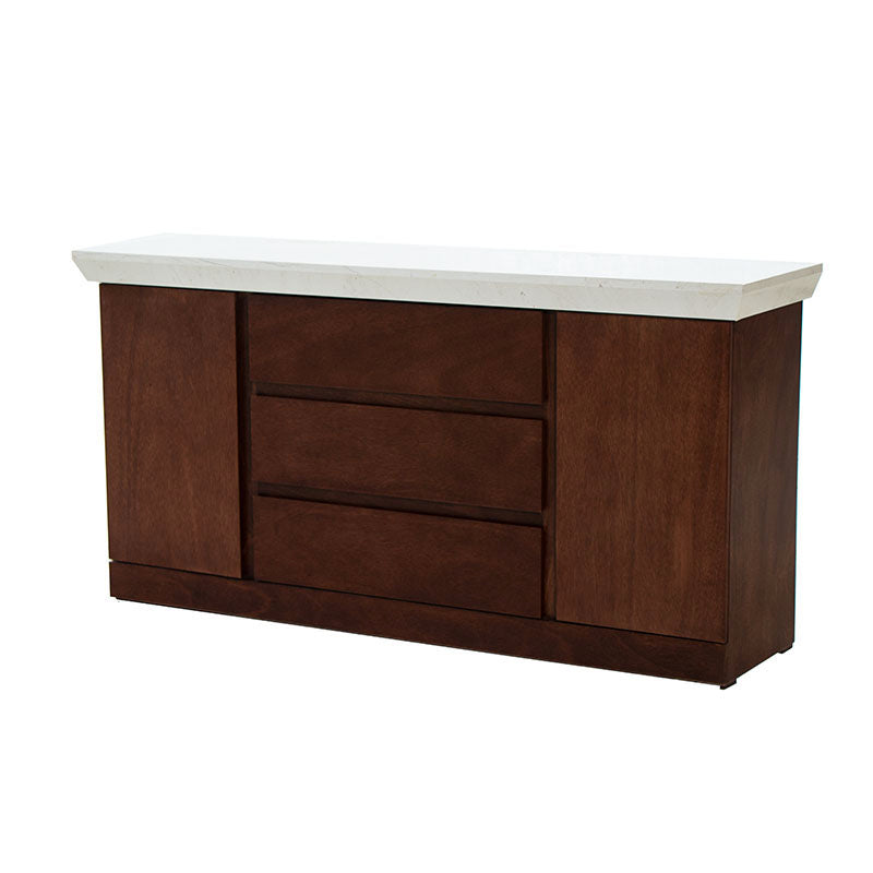 Juego de comedor con buffet Quetzal de madera con acabado en caoba y chapa de caoba, con superficie de mármol, tamaño 160x85x40 cm.