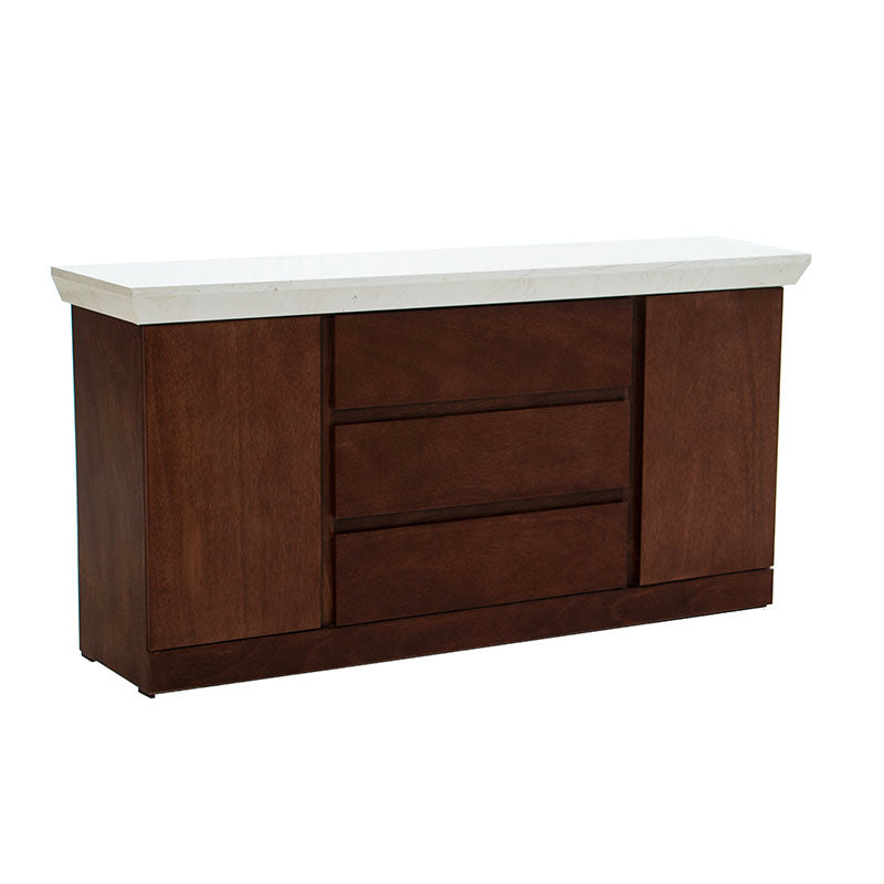 Juego de comedor con buffet Quetzal deoupe.com.mx, en tonos tabaco y caoba, con superficie de mármol y diseño elegante.