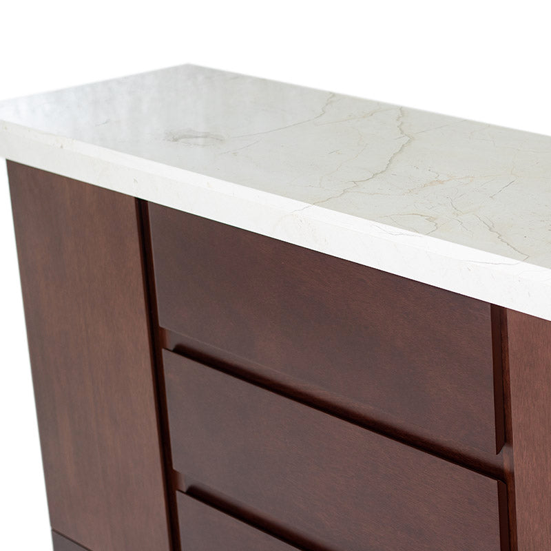 Bufetera Mond de Deurope, con acabado en chapa de caoba y cubierta de mármol, frente de 160 cm, diseño elegante y funcional.