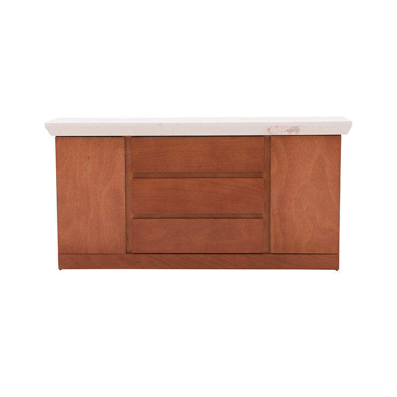 Buffet Mond de Deurope con acabado en chapa de caoba y cubierta de mármol, tamaño 160 cm de largo, 85 cm de alto y 40 cm de fondo.