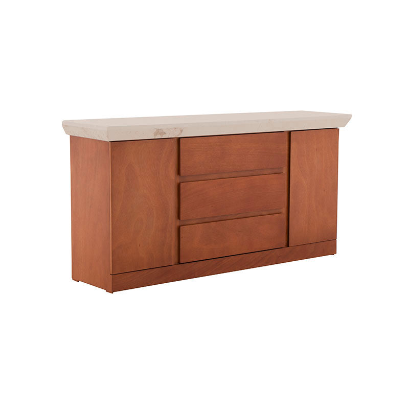 Buffet Mond deurope.com.mx, bufetera de madera con chapa de caoba y cubierta de mármol, en tonos cálidos, 160 cm de ancho.