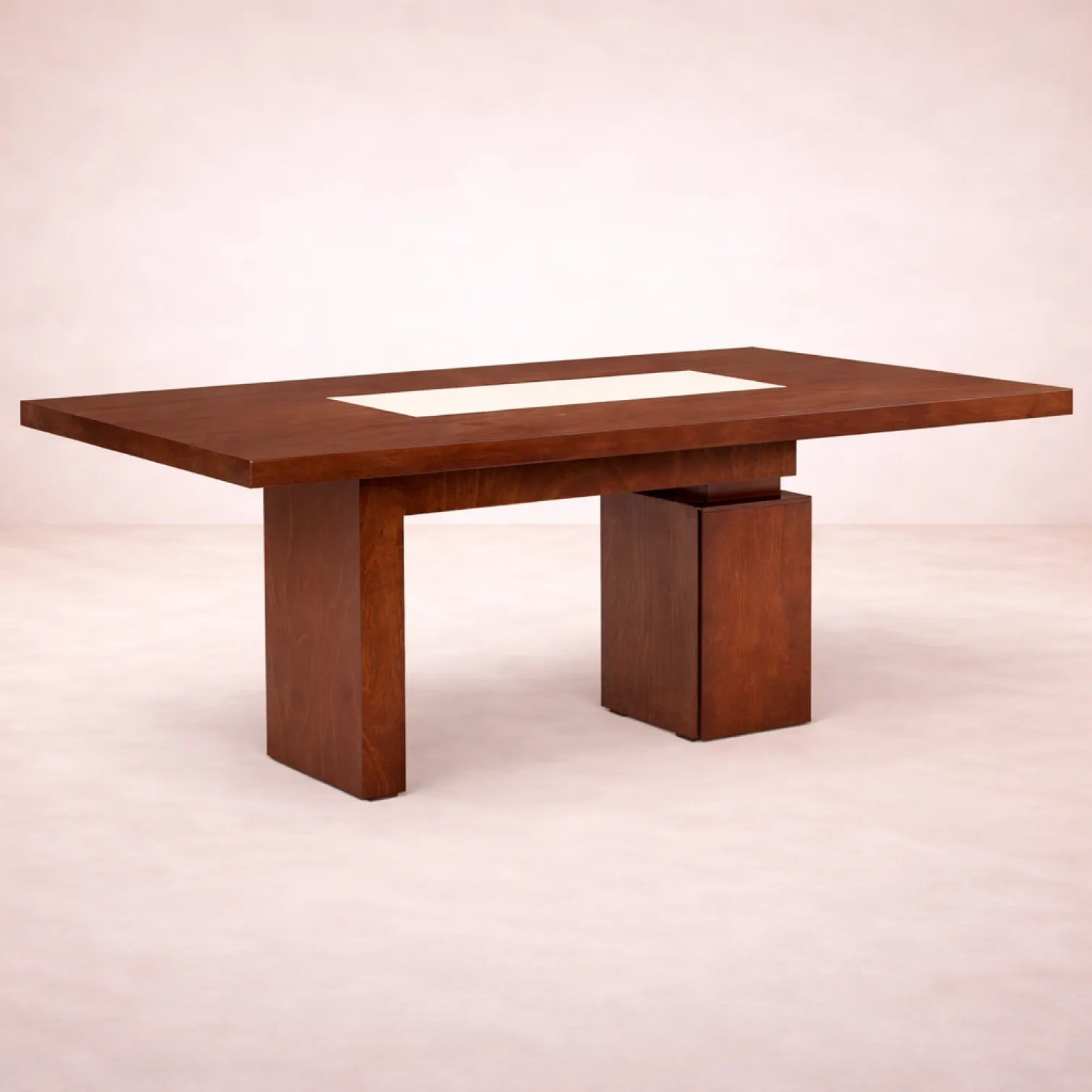 Mesa de comedor de madera decaoba con chapa, mármol y estructura de madera en tono tabaco, de aproximadamente 200x80x110 cm.
