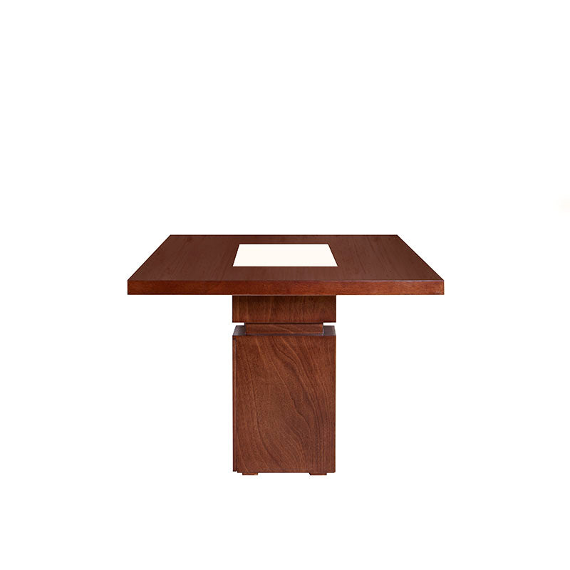 Juego de comedor Quetzal de 9 piezas con mesa de madera y mármol, en tonos tabaco y caoba, de diseño elegante y espacioso.