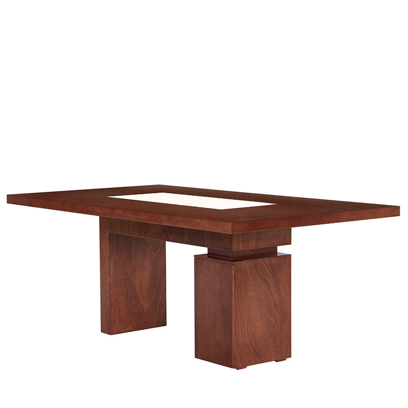 Juego de comedor Quetzal de 9 piezas con mesa de caoba, chapa de madera, mármol y estructura de madera Tamayo, en tonos tabaco.