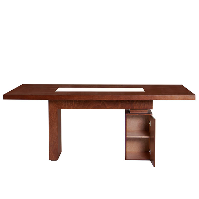 Juego de comedor Quetzal de 9 piezas con mesa de madera y mármol, en tonos tabaco y caoba, de estilo elegante y moderno.