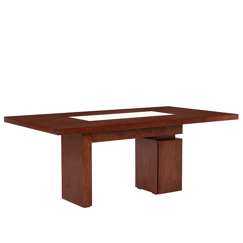Mesa de comedor Quetzal de 9 piezas de madera de caoba y chapa de mármol, con acabado en tono tabaco y dimensiones 200x80x110 cm.