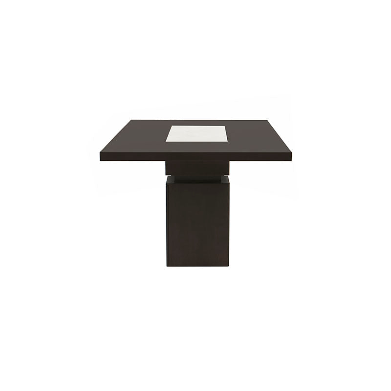 Juego de comedor Quetzal de 9 piezas de madera y mármol, con mesa de 200 cm de largo, en tonos tabaco y caoba.