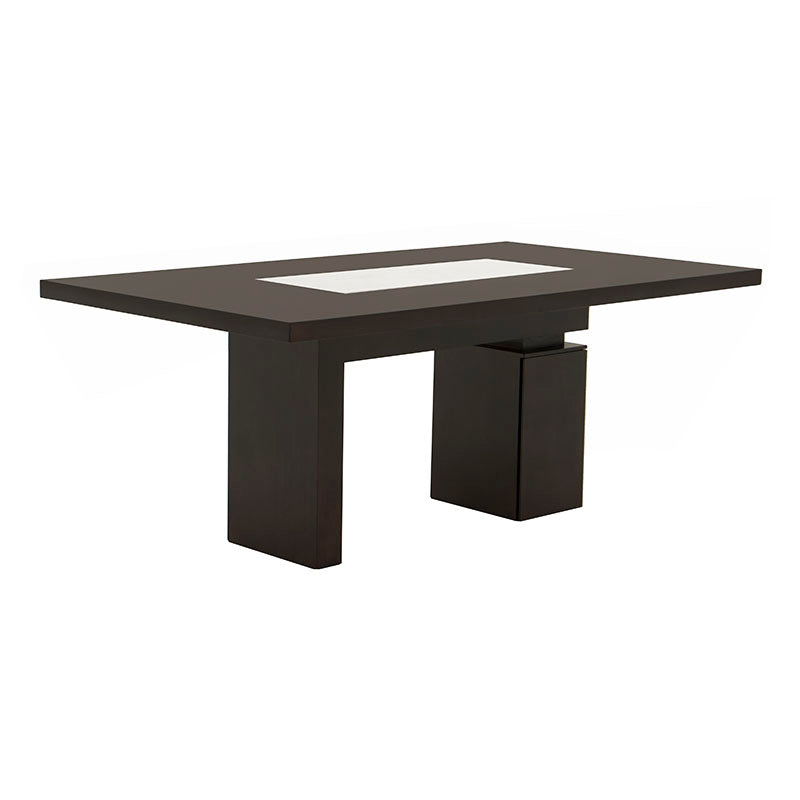 Juego de comedor Quetzal de 9 piezas con mesa de madera y mármol, en tonos tabaco y caoba, de lujoso diseño elegante.
