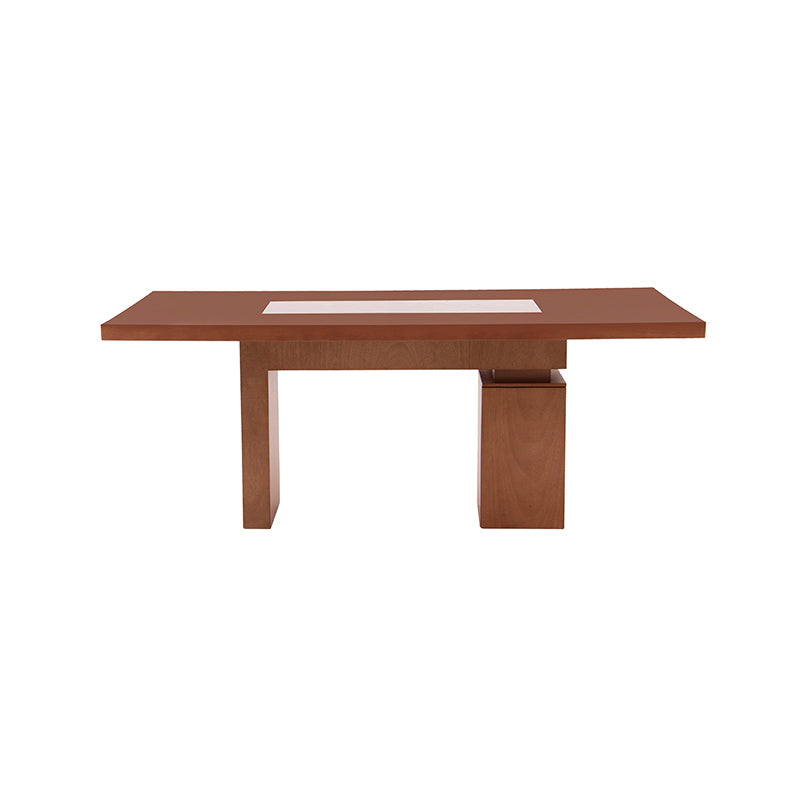 Juego de comedor Quetzal deoupe.com.mx con mesa de mármol y madera, 200x80x110 cm, en tonos tabaco y caoba.