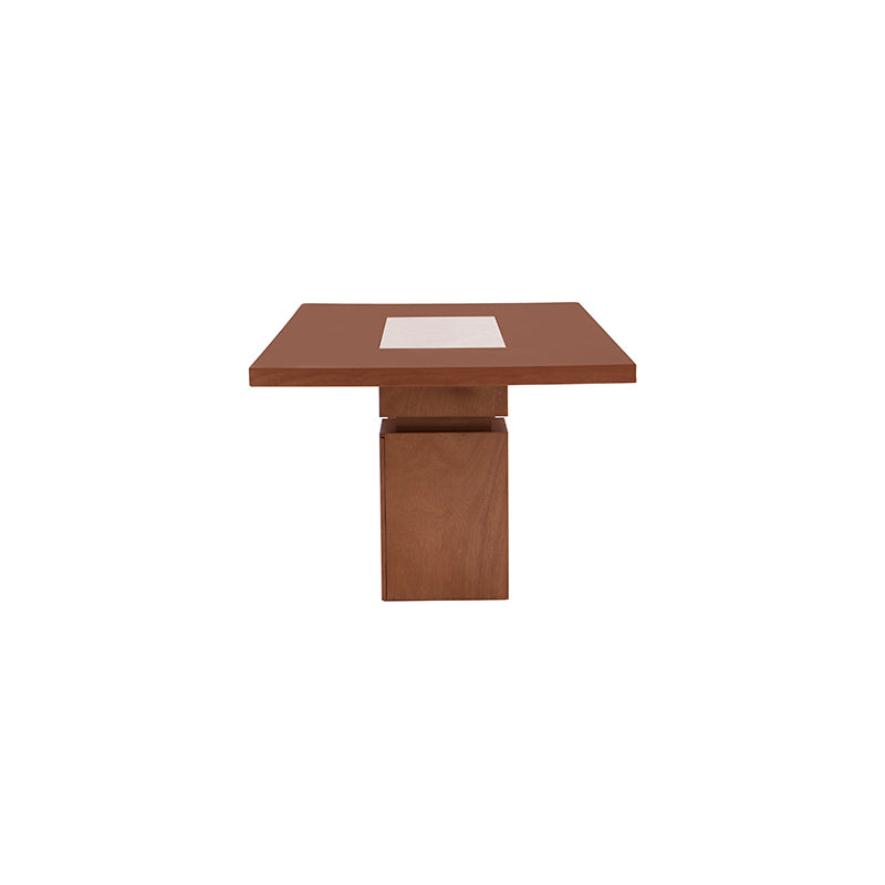 Juego de comedor Quetzal de 9 piezas con mesa de madera y chapa de caoba, mármol y estructura de madera en tonos tabaco.