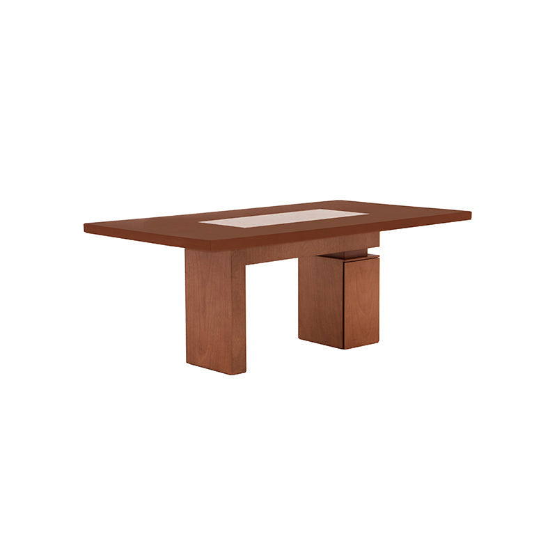 Juego de comedor Quetzal de 9 piezas con mesa de caoba y detalles en mármol, en estilo elegante y moderno.
