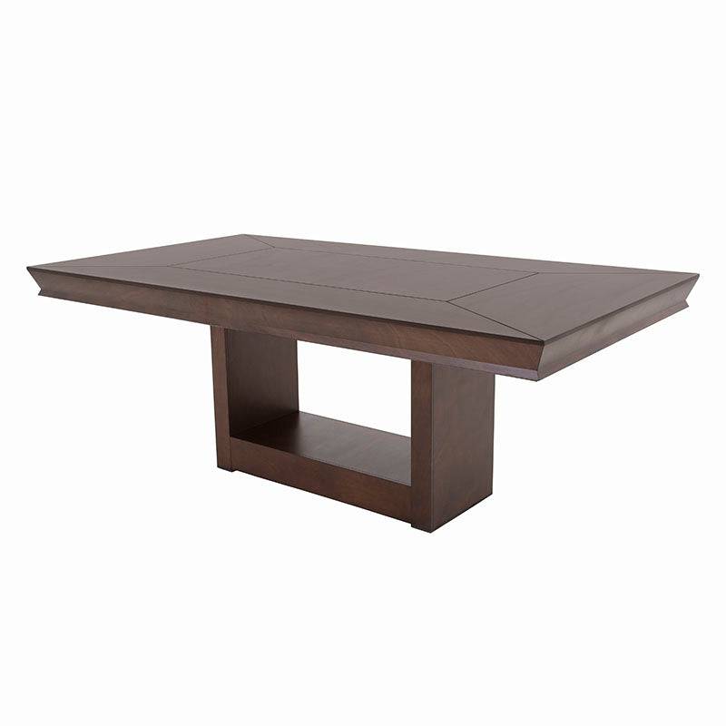 Juego de comedor Siena de 9 piezas en chapa de okumé, incluye mesa y sillas en color tabaco, con dimensiones de 210x75x115 cm