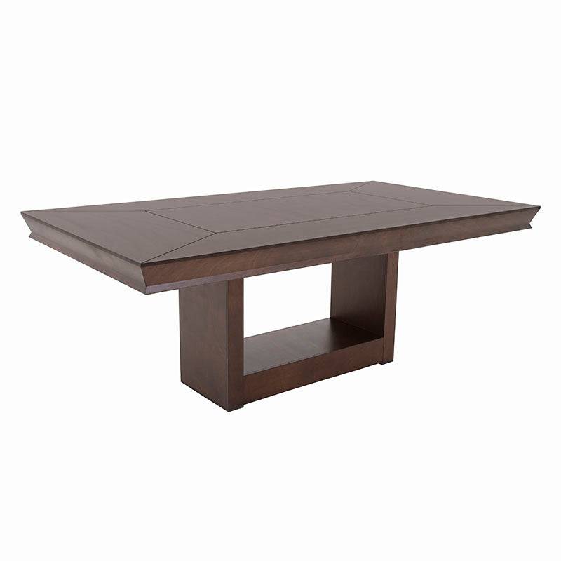 Juego de comedor Siena de 9 piezas con mesa de madera en tono tabaco y chapa de okumé, vista frontal con medidas.