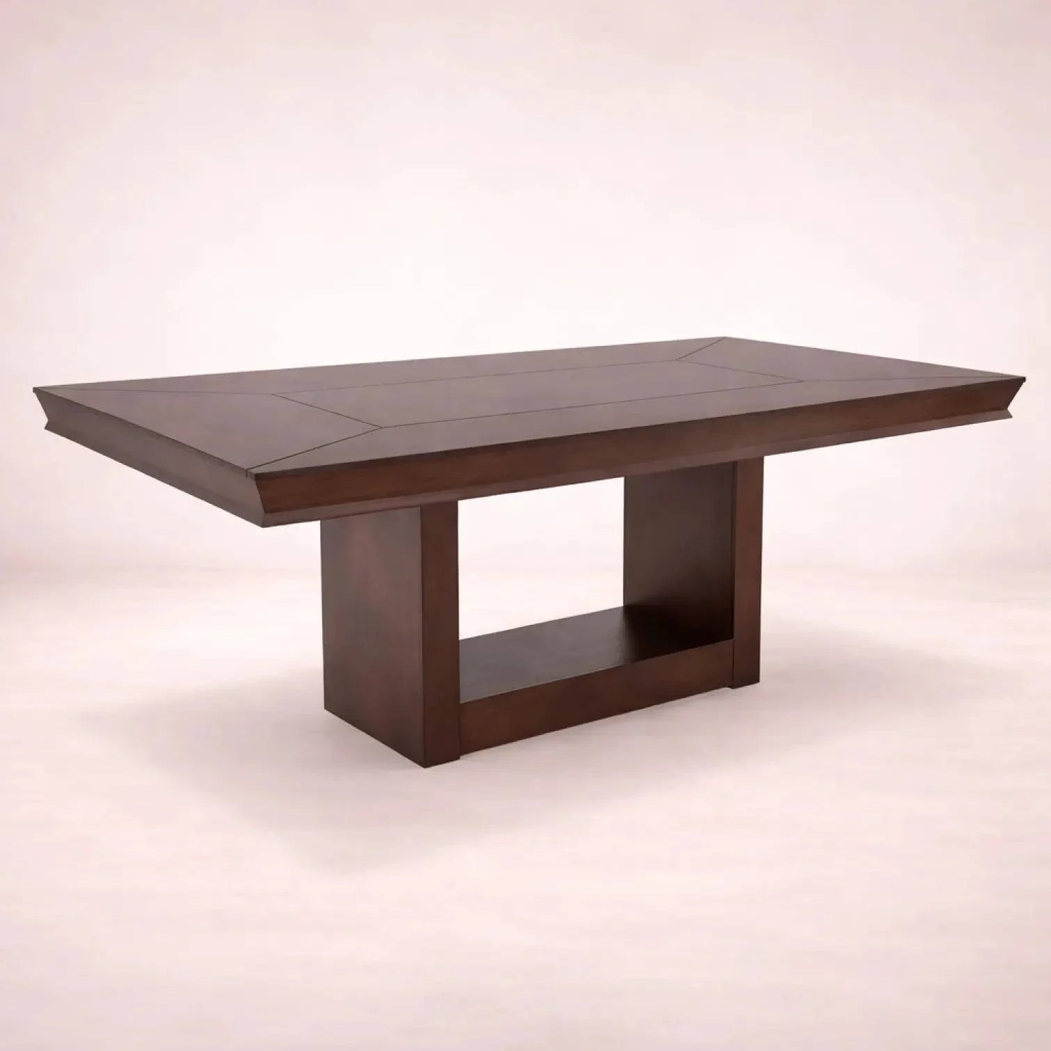 Juego de comedor Siena de 9 piezas con mesa de madera en tono tabaco y chapa de okumé, frente, altura y fondo detallados.