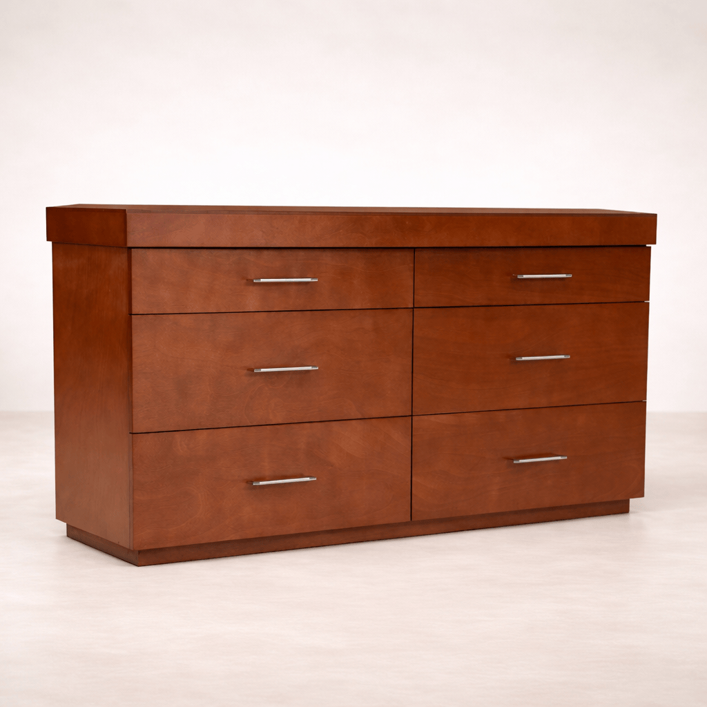 Comoda Armenia de 5 piezas en madera de chapa de okume en color almendra, con diseño moderno y acabado en tono marrón claro.