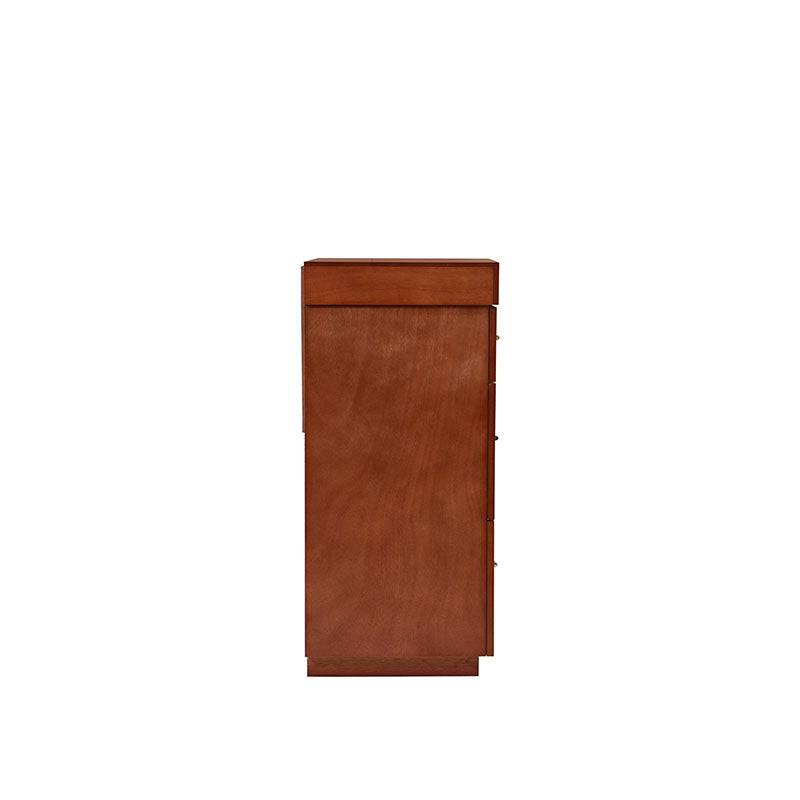 Juego de recámara Armenia de 5 piezas en madera de color café almendra con cómodas de chapa de okumé y detalles elegantes.