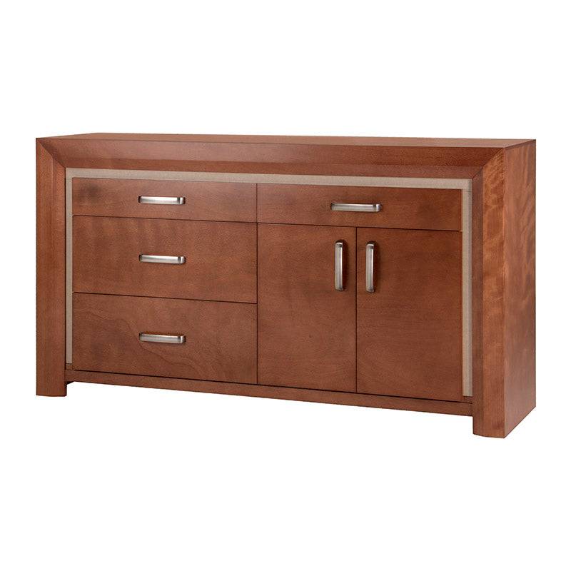 Comoda Siena de 5 piezas en madera de banak y encino en color café almendra con acabado leather touch, frente de 160 cm de ancho.