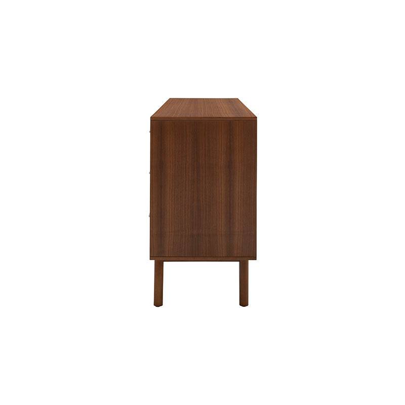 Cómoda Atenea de madera en color almendra con chapa de nogal, estilo industrial, frente y vista lateral, dimensiones 140x78x40 cm