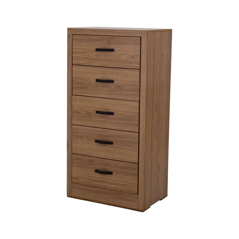 Comoda Allure de 5 piezas en madera MDF color nogal, con diseño elegante y acabado en melamina, para recámara moderna.