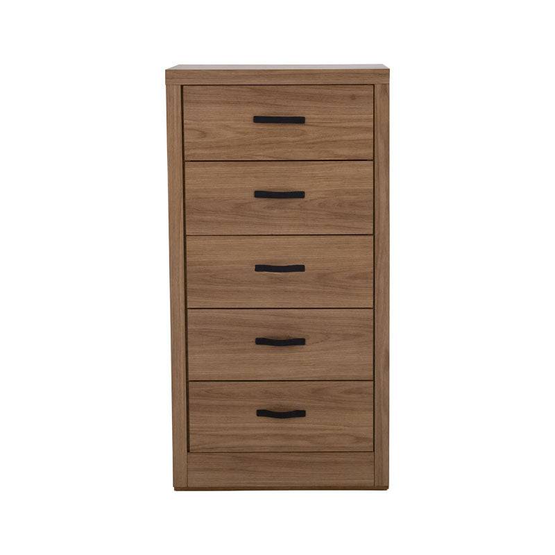 Comoda de recámara Allure deurope.com.mx con acabado en nogal, 5 piezas, madera MDF y melamina, frente de 60 cm y altura de 118 cm.