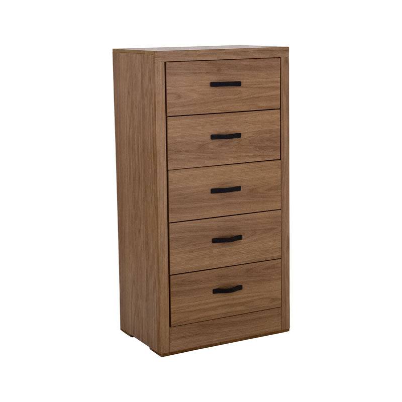 Comoda Allure de 5 piezas en color nogal, madera MDF con acabado de melamina, con diseño moderno y funcional para recámara.