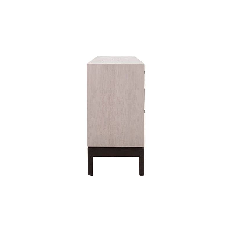 Cómoda Infinity de Deurope.com.mx en acabado gris y madera de pino con chapa de encino, 140 cm de ancho, 80 cm de alto y 40 cm de fondo.
