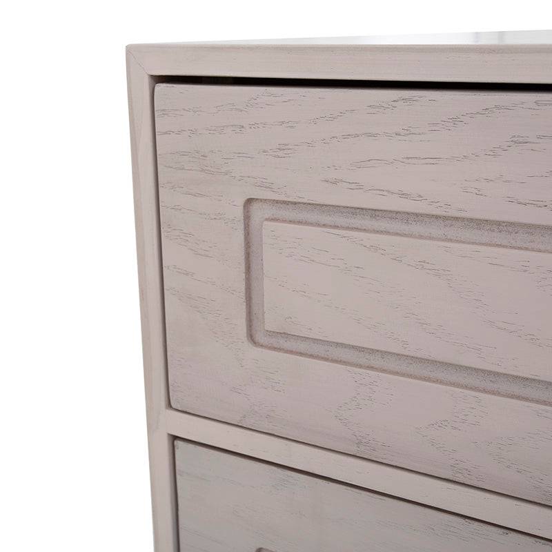 Cómoda Infinity deDeurope.com.mx en madera gris y encino, con 140 cm de ancho, 80 cm de alto y 40 cm de fondo.