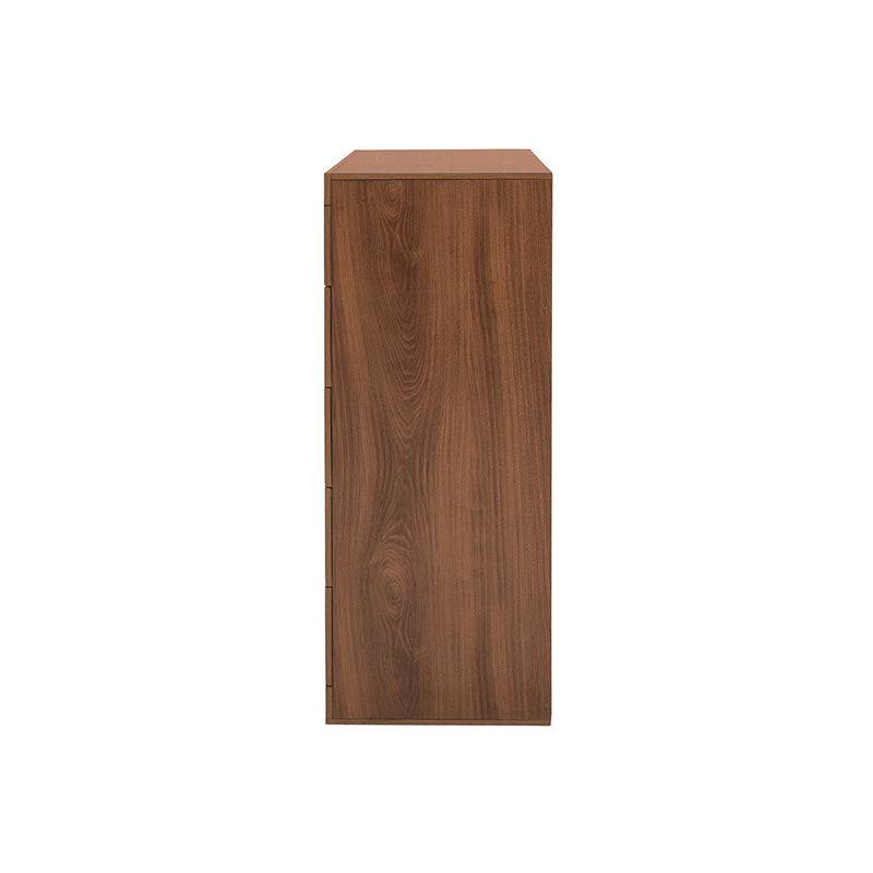 Comoda Alejandria de 5 piezas en madera nogal industrializada, con frente y dimensiones de 70x105x39 cm.